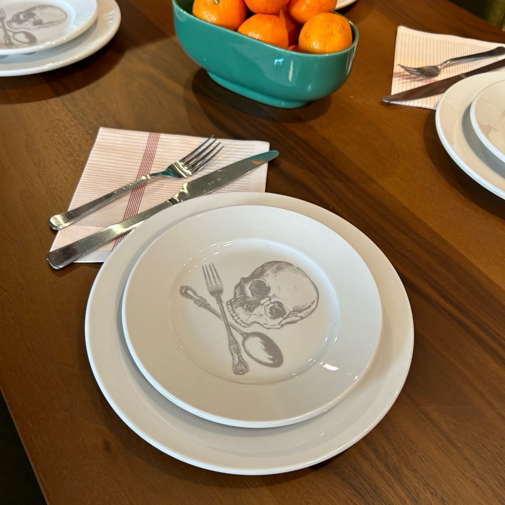 (4) 7in Side Plates | Foldedpigs custom skull x cross-utensil - grey